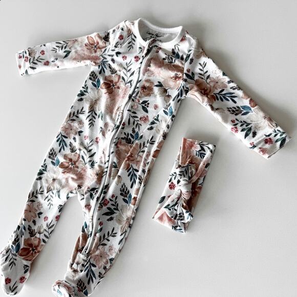 Copper Pearl Autumn Print 2-Way Zip-Up Footie and Headband Bow - Picture 7 of 10